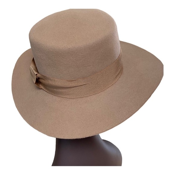 Wide Brim Women Felt Flat Top Tan Classic Retro Hat With Ribbon Band Sz OS main image 2